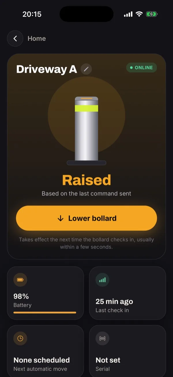 The Boliq app bollard screen for Driveway A, showing it raised with a large Lower bollard button, battery and last check in