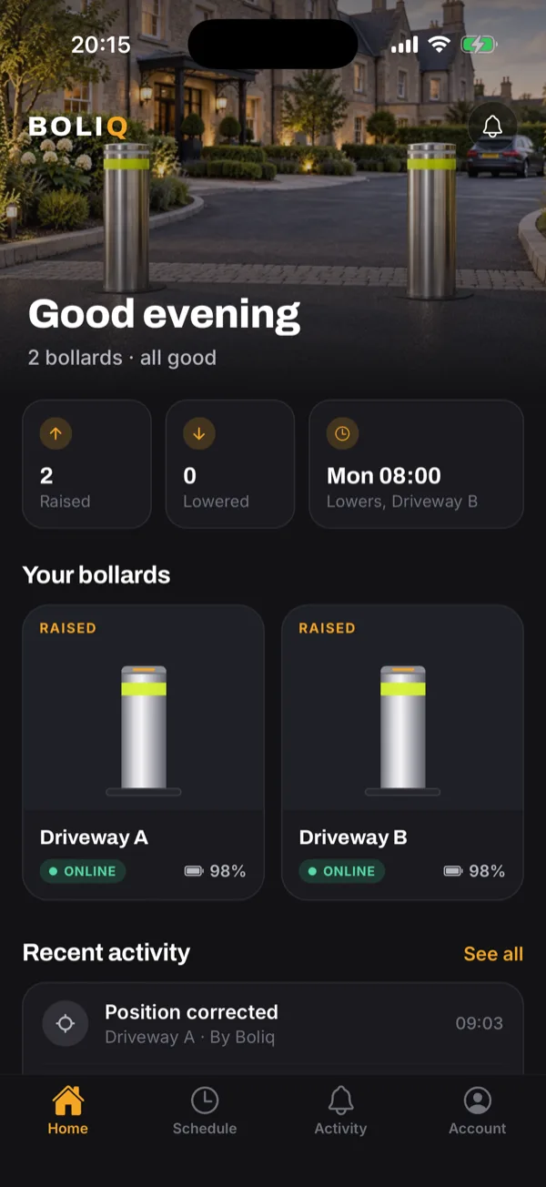 The Boliq app home screen, greeting the customer with two driveway bollards shown raised, online and at 98% battery