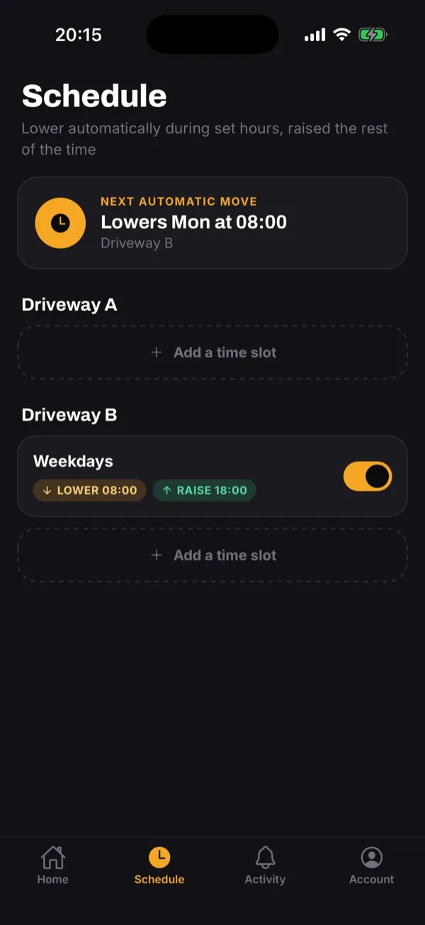 The Boliq app schedule screen, with Driveway B set to lower at 08:00 and raise at 18:00 on weekdays