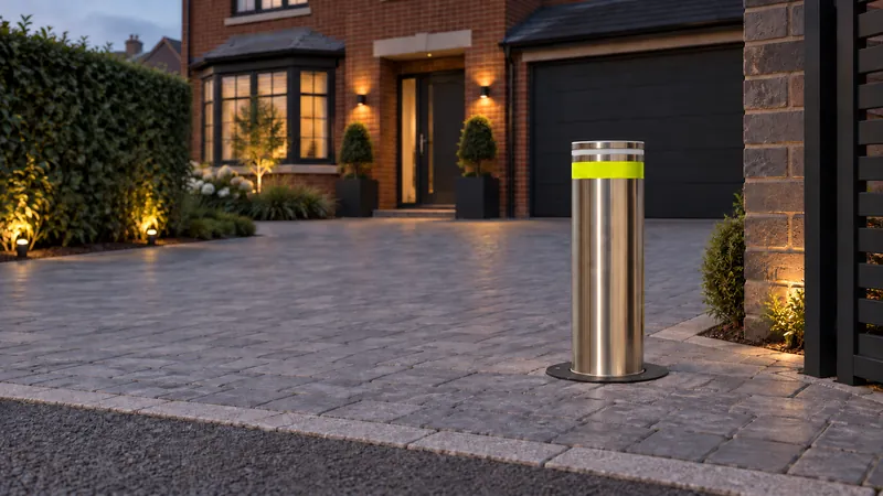 A Boliq bollard raised at the end of a driveway at dusk