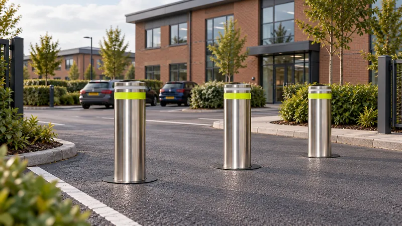 Boliq bollards raised across a business park car park entrance