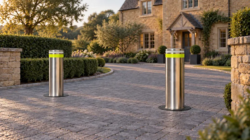 Two Boliq bollards raised across a stone house driveway