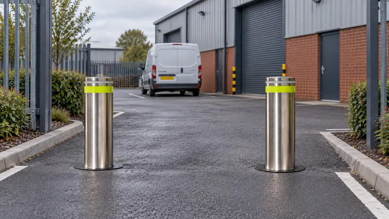 Two Boliq bollards raised at the entrance to an industrial unit yard