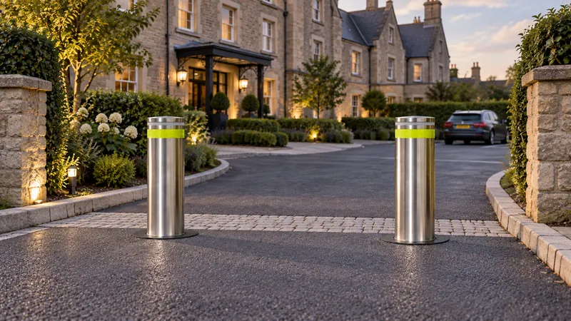 Two Boliq Sentry Max bollards at the entrance to a large stone house at dusk