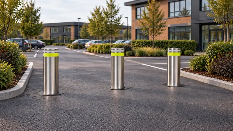 Three raised stainless steel bollards with yellow reflective bands across the entrance to an office car park, with parked cars and a brick office building behind