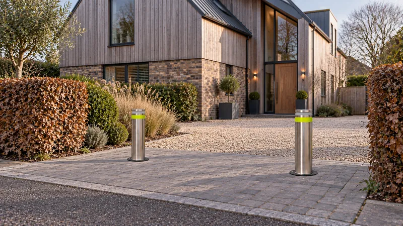 Two Boliq Sentry bollards raised at the entrance to a modern house driveway